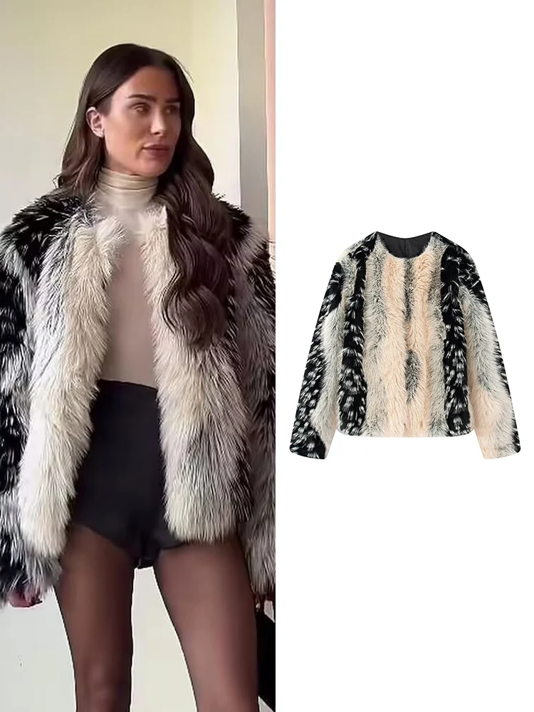 TFMLN Women Winter Multicolor Faux Fur Coat New Casual Elegant Long Sleeves Streetwear Thick Warm Short Jacket With Pockets