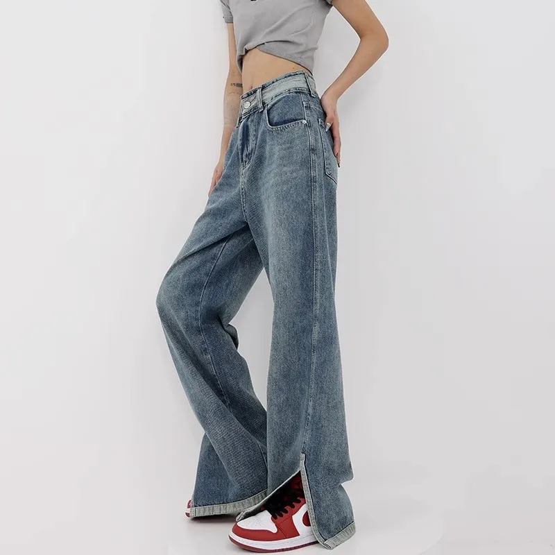 WCFCX STUDIO Wide Leg Jeans for Women Casual Fashion Style High Waist Denim Pants Streetwear Straight Trousers