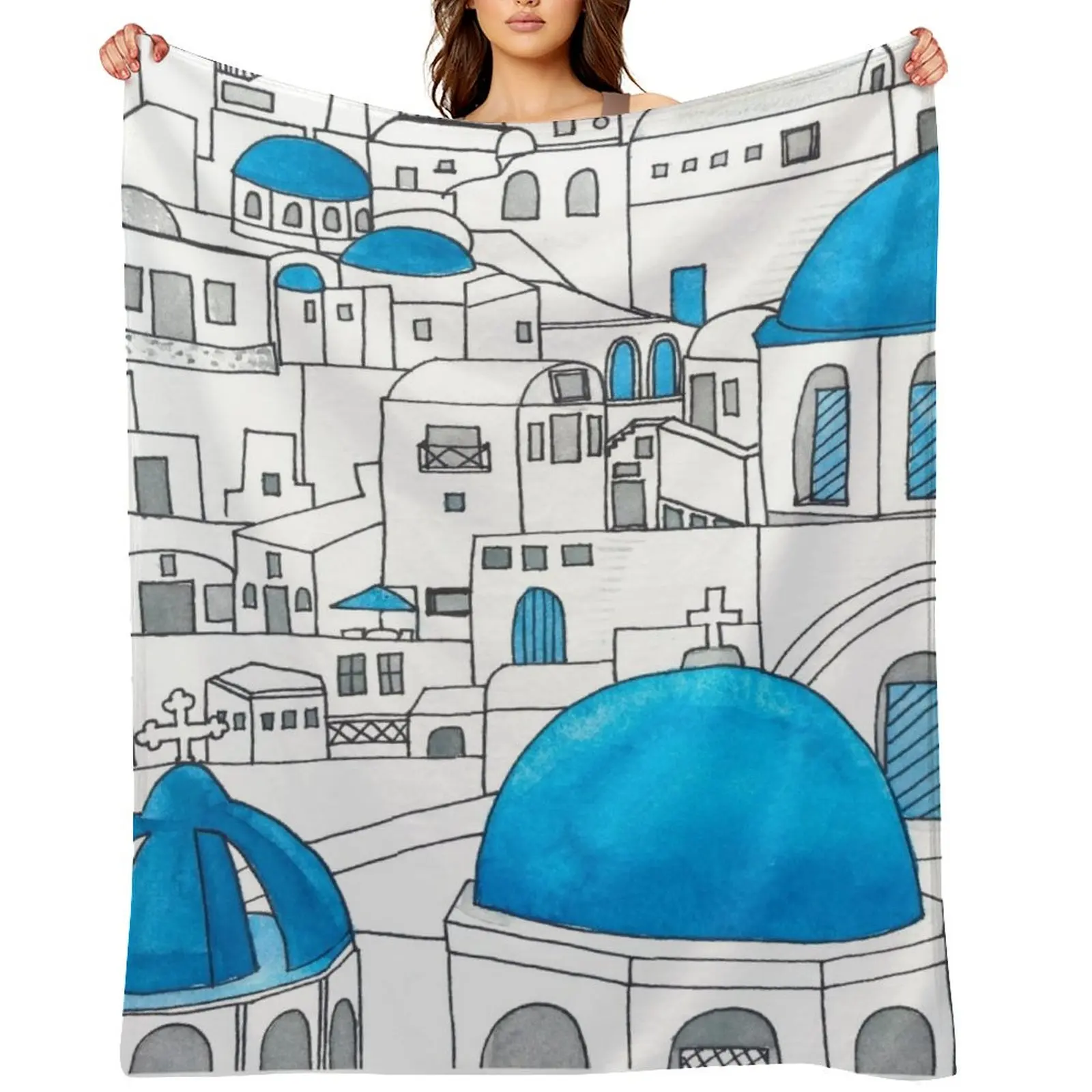 

Santorini Blue and White Paradise Throw Blanket For Decorative Sofa Weighted Soft Big Summer Blankets