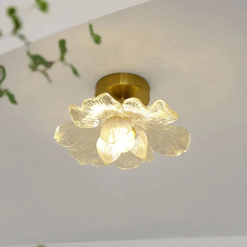 French Style Flower Glass Ceiling Light with Gold Base Flush Mount Lamp for Bedroom Hallway Corridor Home Decor