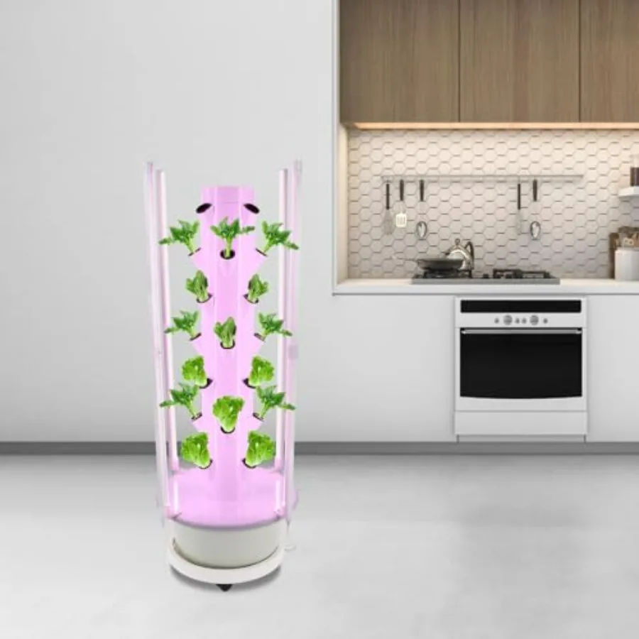 Hydroponic growing tower for indoor/outdoor garden farms and schools: white 7-tier vertical system with LED grow lights, 24-hou view 6