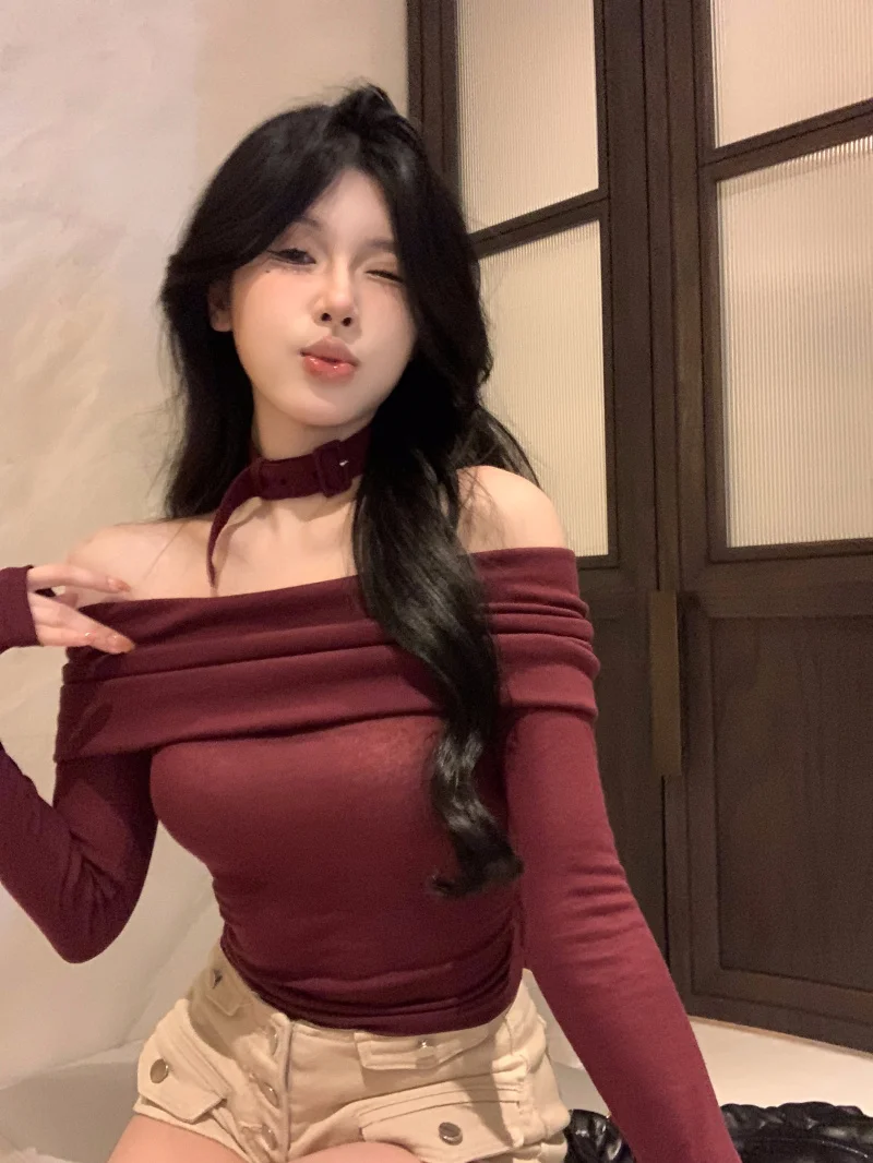 

Pure Desire Spicy Girl Design One Shoulder Long Sleeve Knitted Sweater Slimming Top with Collar Autumn New Style Commute Simple