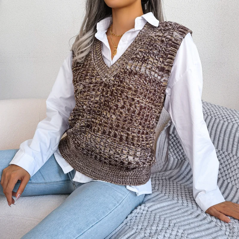 Autumn and Winter 2023 New Colorful Fried Dough Twists V-neck England Style Comfortable Knitted Vest Versatile Thin Female Vest