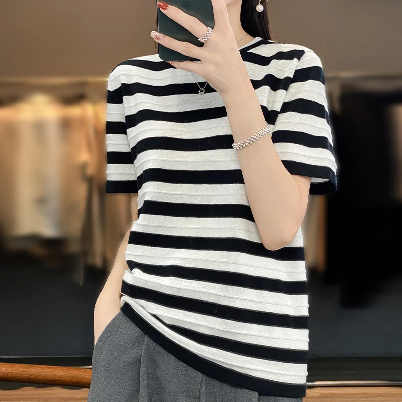 

2025 летний новый женский повседневный однотонный пуловер из 100% хлопка с коротким рукавом, свободный крой, корейский вязаный модный топ, футболка