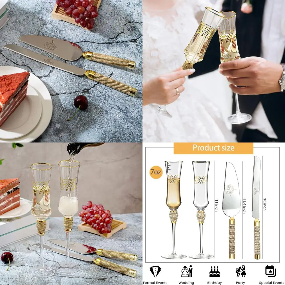 

Champagne Flutes and Cake Server Set for Wedding or Engagement Gifts (Gold)