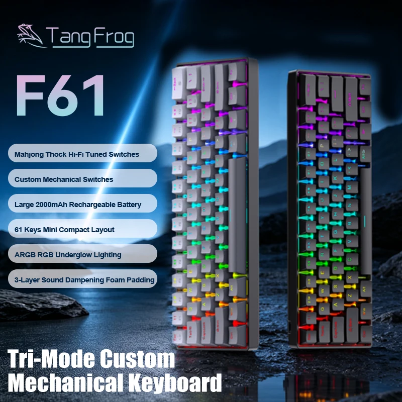 F61 Wireless Mechanical Keyboard 61 Keys Mini Portable Mahjong Thock Hi-Fi Switches 2000mAh Battery for Office Work Mac Windows