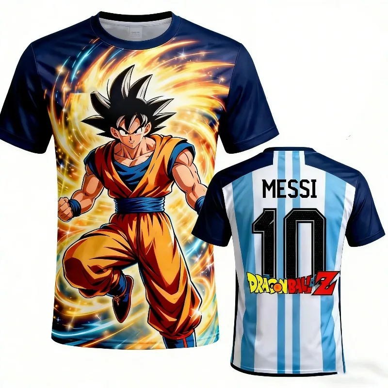 Dragon Ball Z Goku x Messi Argentina 3D All Over Print Breathable Hip Hop T-Shirt Anime Streetwear Unisex Short Sleeve