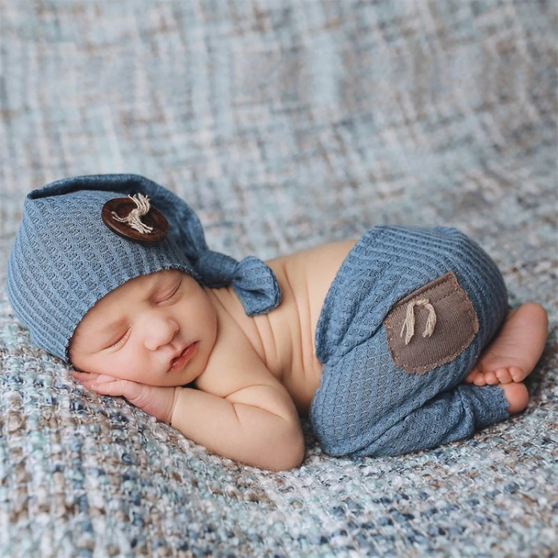 4 Styles of Newborn Baby Photograph Pants Long Tail Cap Two-piece Baby Knit Pants With Wooden Button-knotted Cap Photo Set