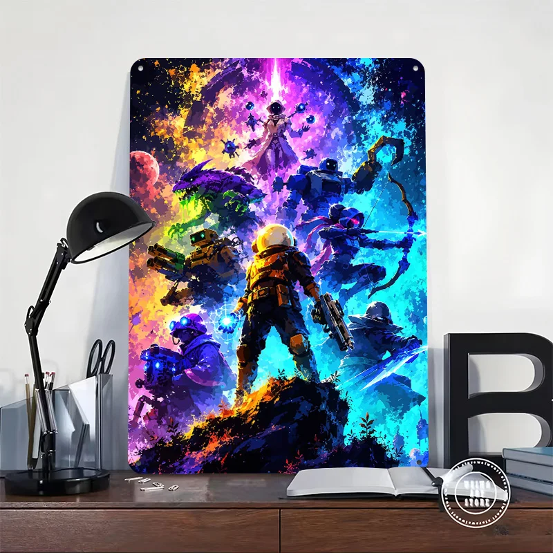 Sci-fi Characters in Vibrant Cosmic Landscape 3D Texture Metal Poster Customized Wall Art Tin Sign Gift for Mancave Office Decor