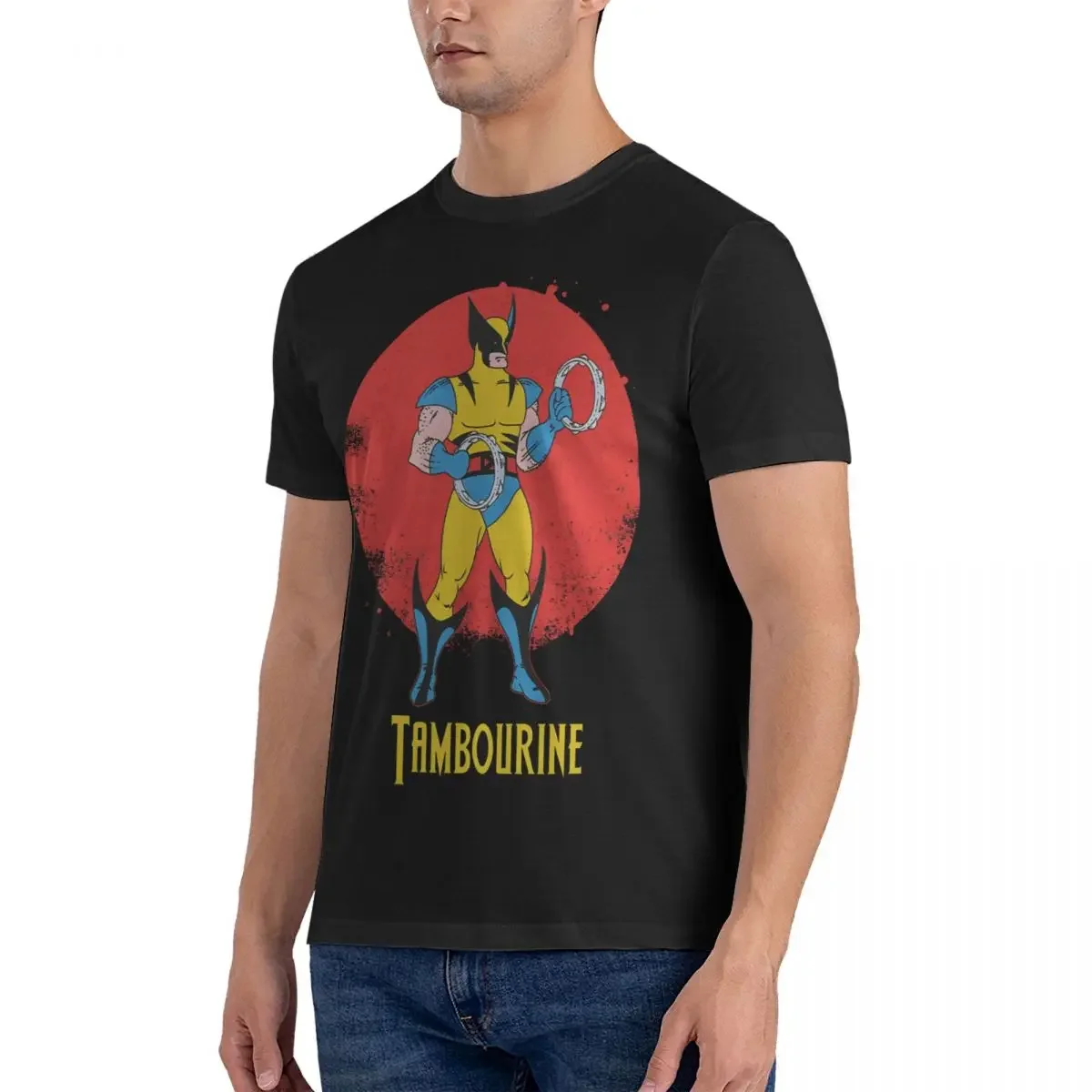 Novelty Tambourine T-Shirts for Men O Neck Pure Cotton T Shirts Deadpool And Wolverine Short Sleeve Tees Unique Tops