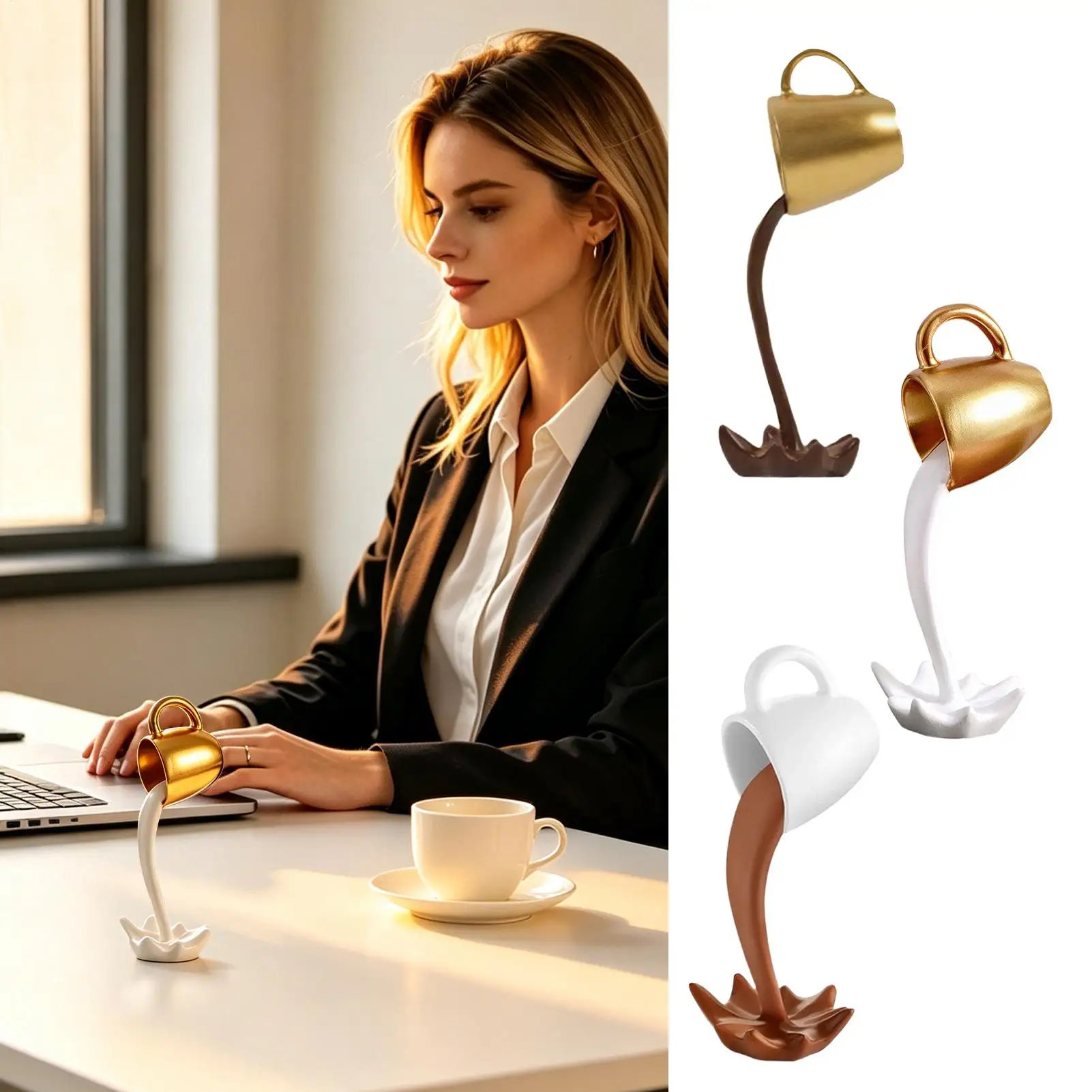 Coffee Cup Spilling Statue Funny Figurine Display Ornament Table Coffee Spilling Figurine For Bookshelf Bedside Dining Table