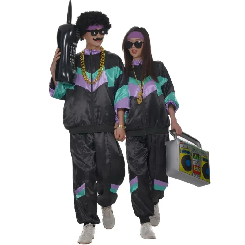 Dorosły mężczyzna kobiet Vintage 80s Hip Hop Disco Cosplay kostium hipisowski Halloween Purim karnawałowe przyjęcie para dres strój