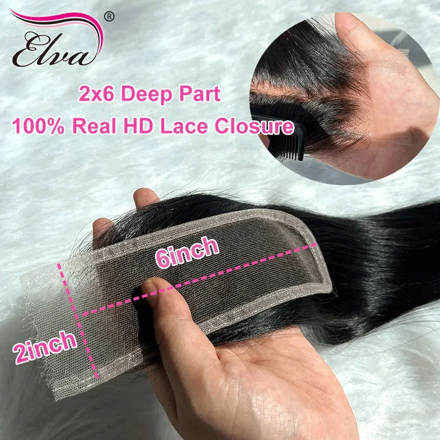 100% Real HD Lace 2x6 Deep Parting HD Lace Closure Human Hair Pre Plucked HD Lace Frontal Only Brazilian Hair Closures For Women