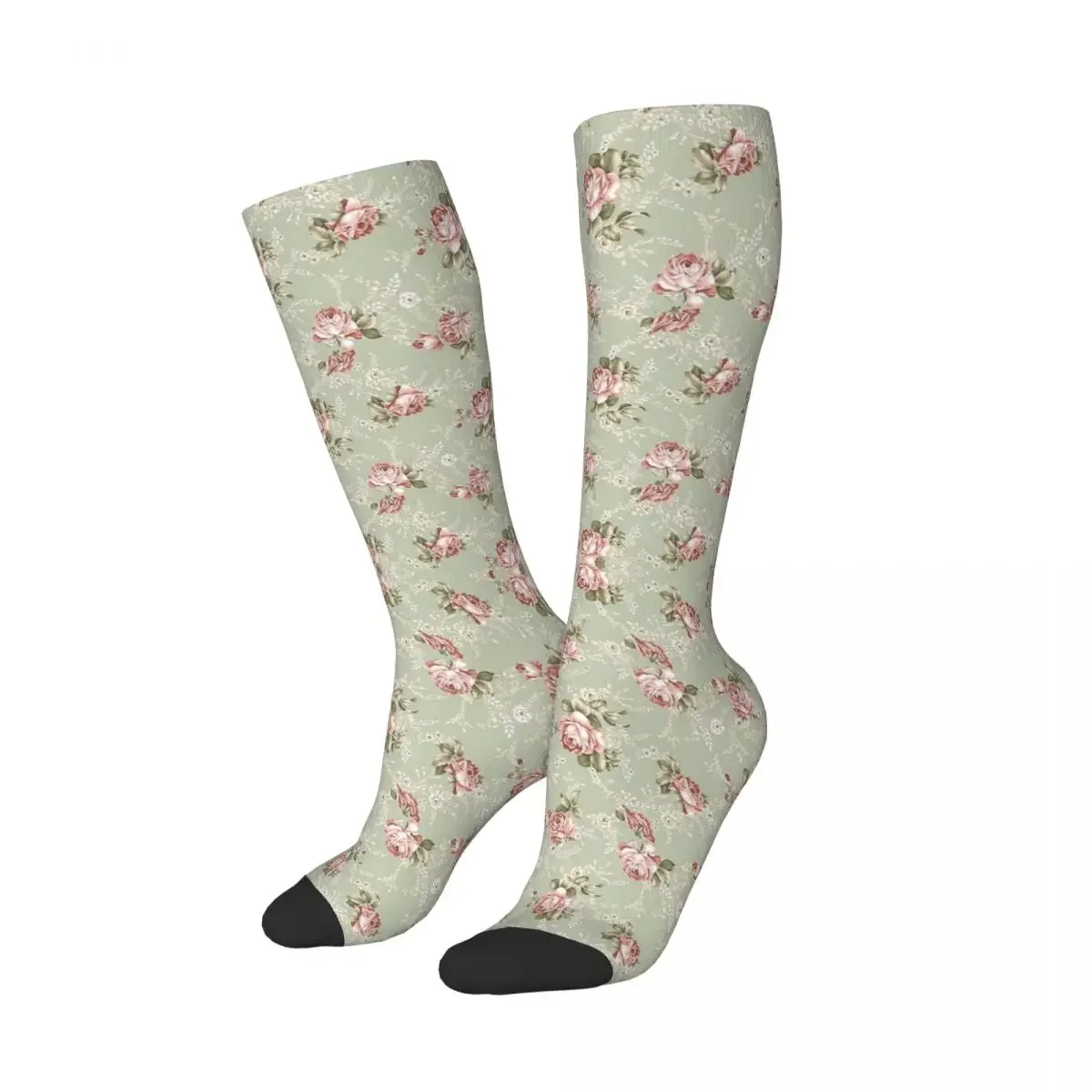 Vintage Blush Roses - Sage Green Background Socks Harajuku Super Soft Stockings All Season Long Socks Accessories Unisex Gifts