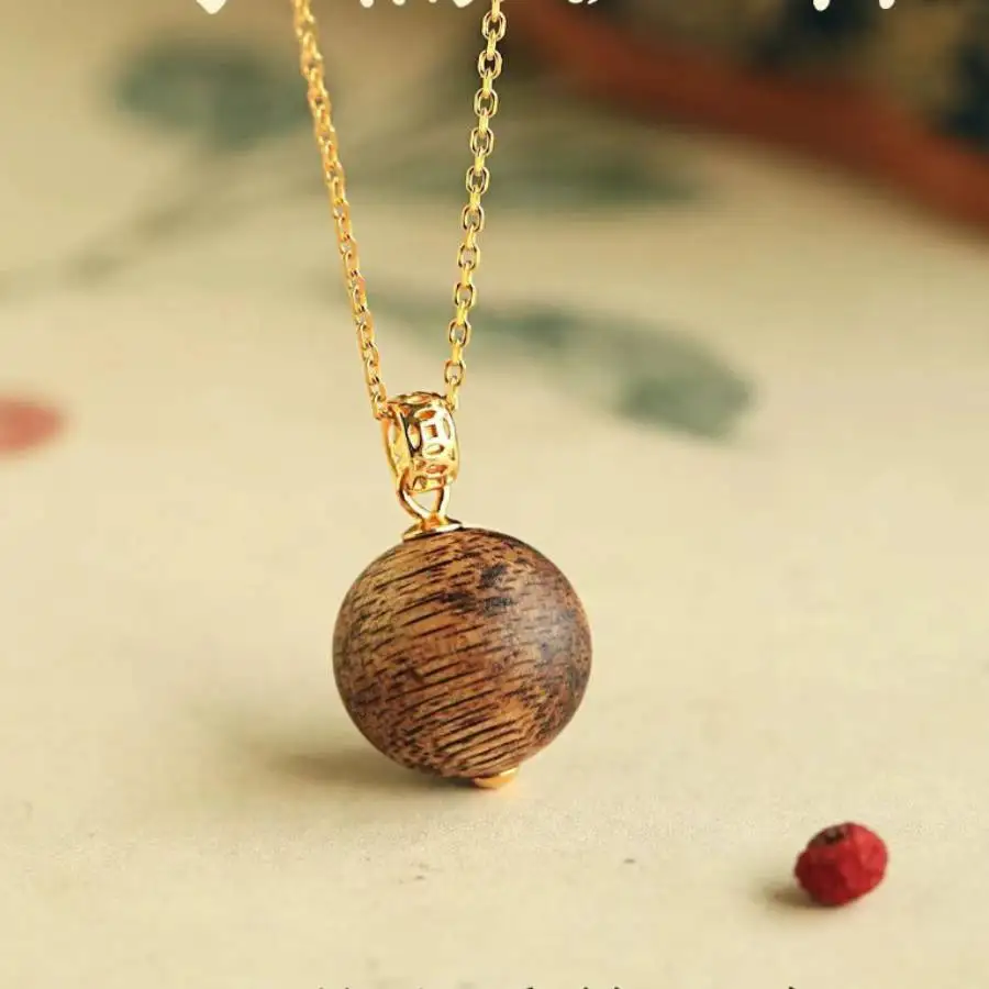 

Natural Agarwood Ball Pendant Necklace Women's 14K Gold Filled Chain Jewelry
