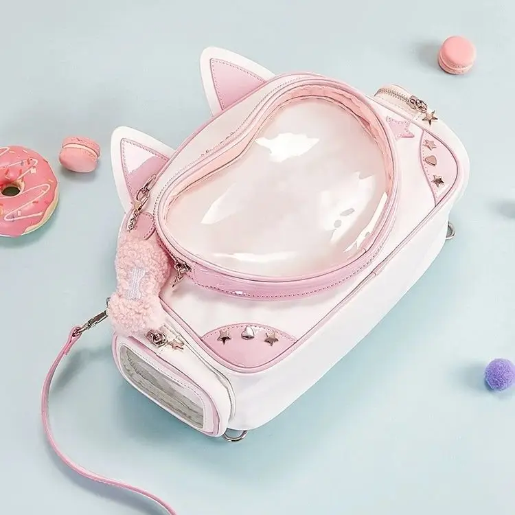 Kawaii Y2K Ita Bag Cat Backpack – Foldable, Adjustable Strap Crossbody Bag, Transparent Pocket, Preppy Style High Schoolbag