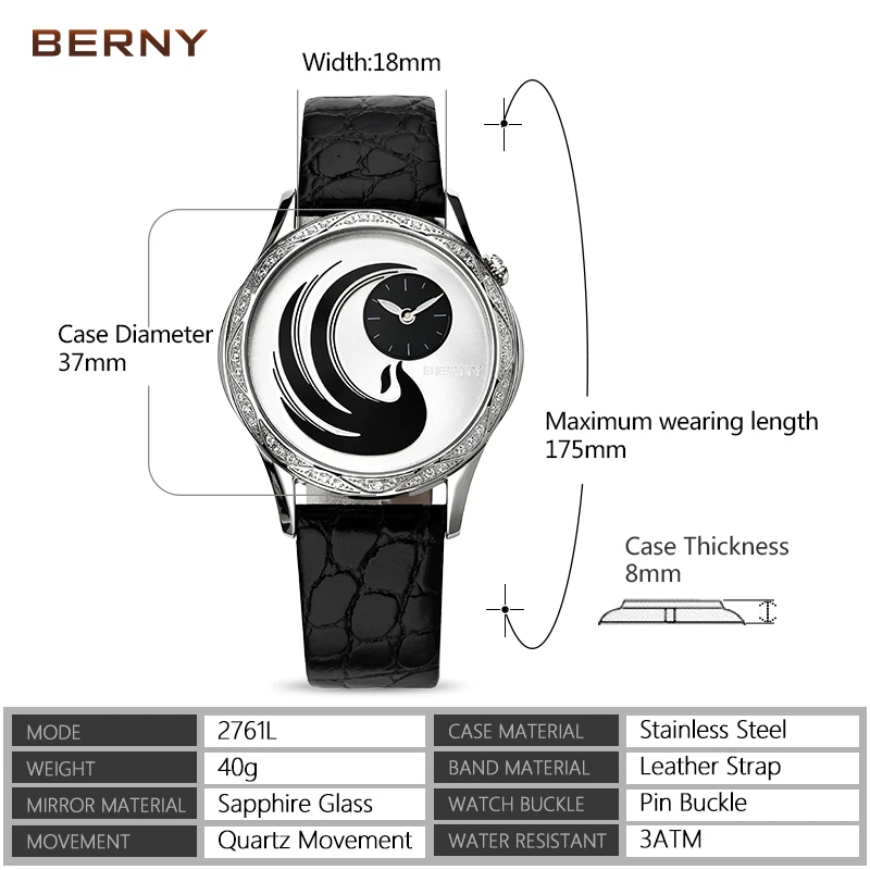 BERNY Japan Miyota Phoenix Clock Top Brand Luxury Diamond Watch Women Fashion Wristwatch Leather Strap Waterproof Watch Ladies