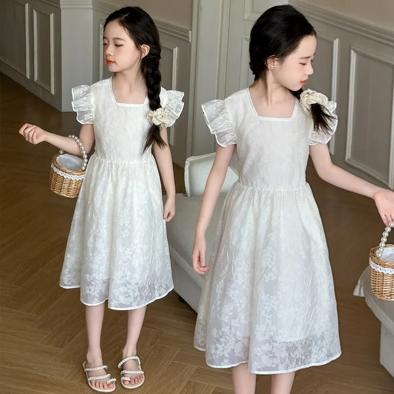 Summer junior girls Hollow Back Dress 120-170 white Lotus leaf sleeve Princess Dresses Sweet Flower teen kids clothes 10 12 14