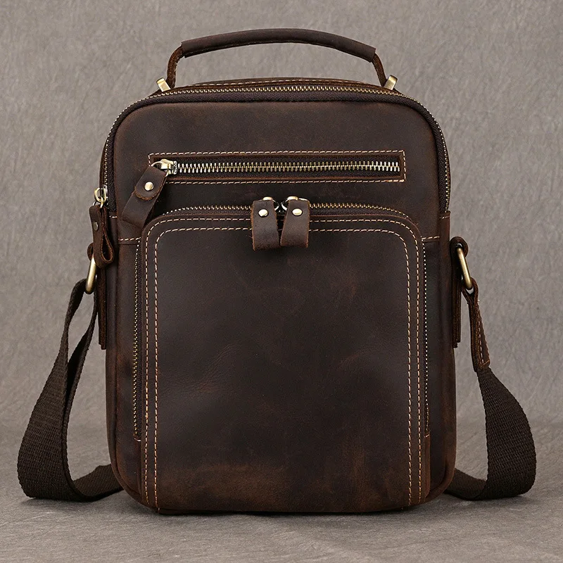 Men's High-Quality Retro Brown Genuine Leather Shoulder Bag, Top-Grain Cowhide Crossbody for Casual Use