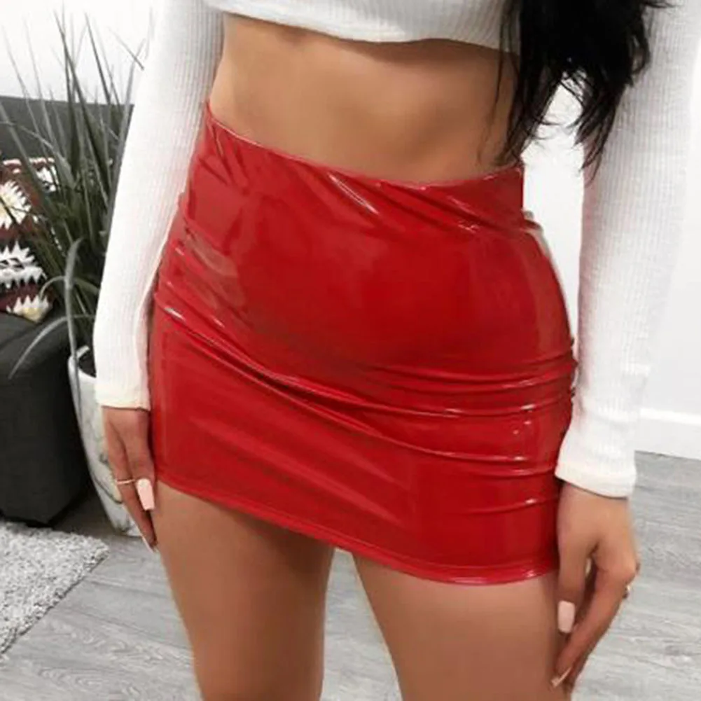 

Клубная юбка для вечеринок, короткая юбка S-XXL, блестящая однотонная юбка с мокрым эффектом, 1 шт., высокая талия, кожаный облегающий карандаш из ПВХ, новинка