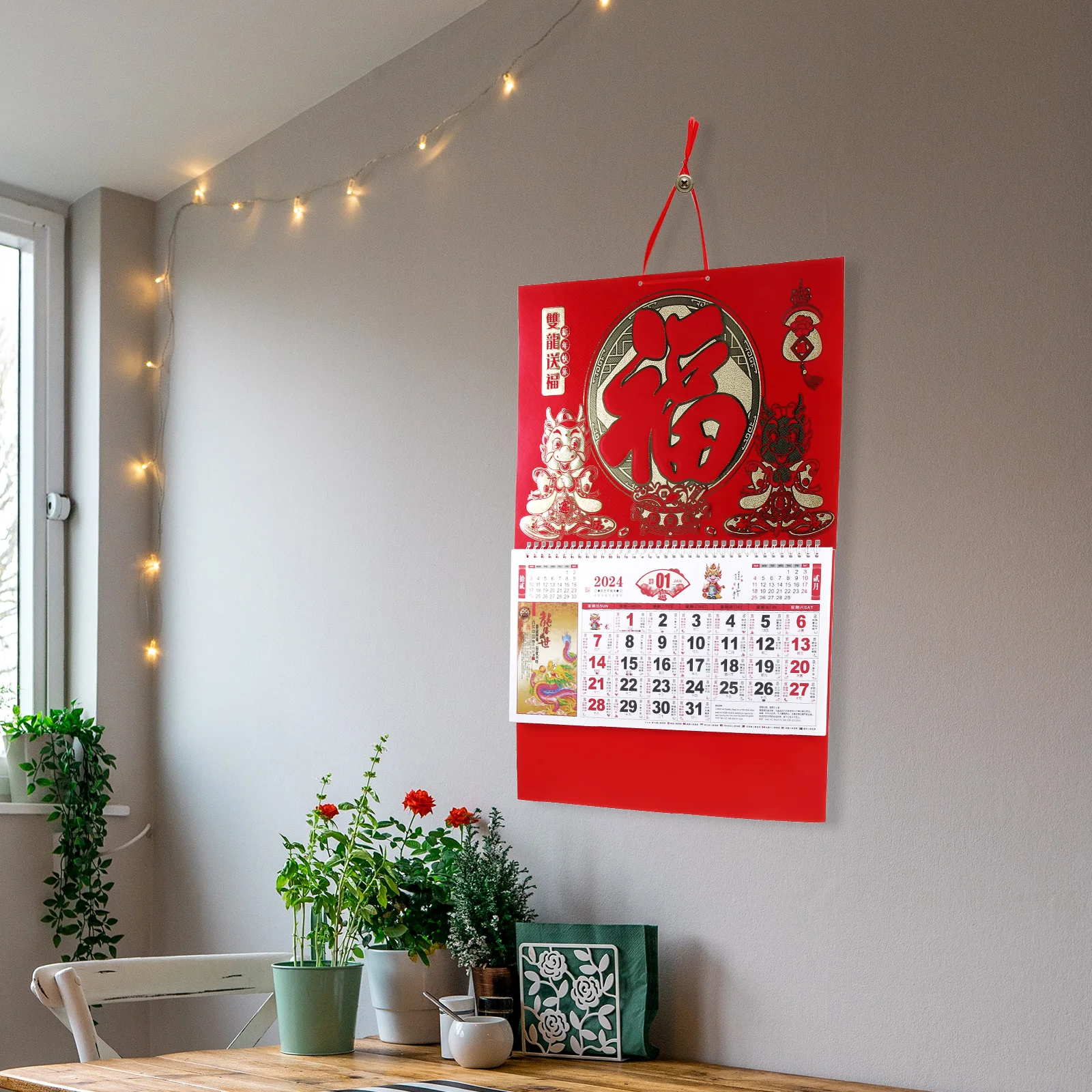 

2024 Dragon Year Wall Calendar Lunar Hanging Calendars Traditional Chinese New Year Tearable Golden Foil Design