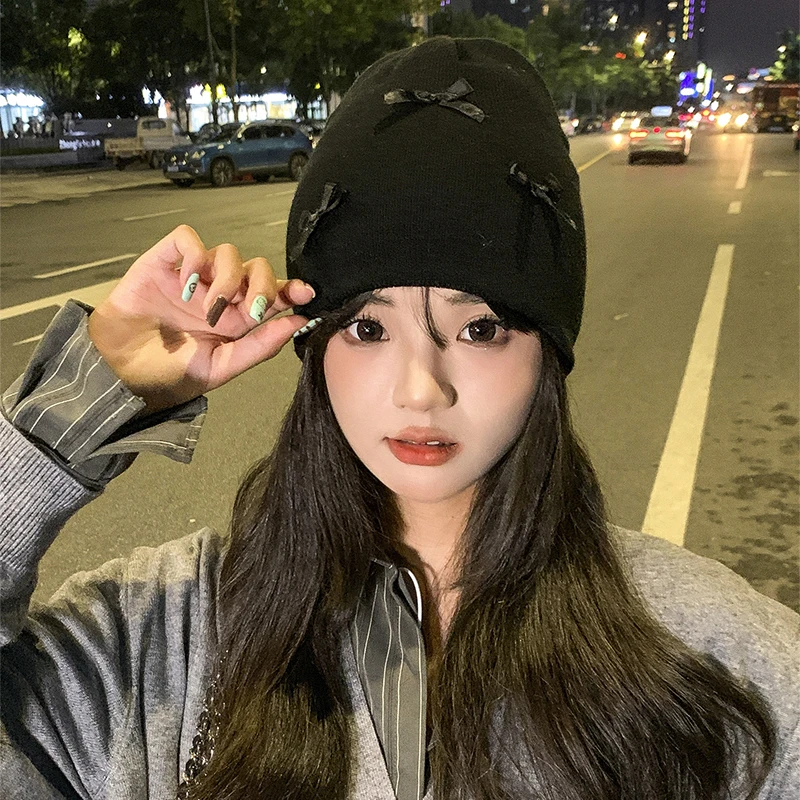 단색 리본 여성 모자 가을 겨울 니트 따뜻한 비니 소녀 방풍 크로셰 귀 보호 캡