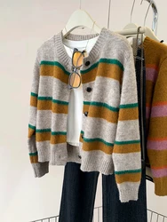 Contrasting Color Round Neck Striped Sweater Jacket Women Autumn Winter New Lazy Style Knitted Cardigan Tops