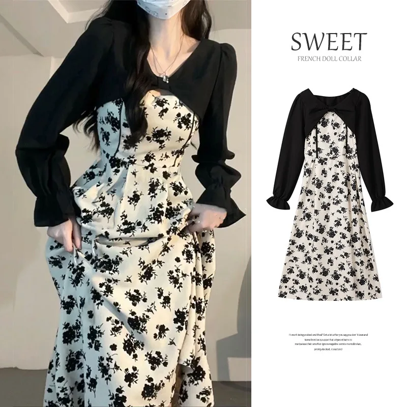 

French New Floral Print Dress for Women Spring Autumn Korean Fashion Women's Maxi Dress White Dress Set Y2k