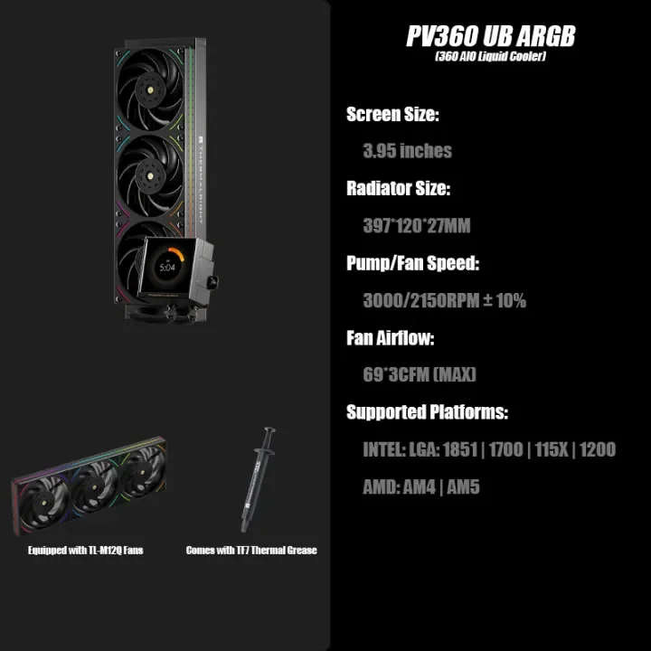 Thermalright PV 360 UB ARGB SCHWARZER CPU-Flüssigkeitskühler, ausgestattet mit integriertem UB36-Kühlerlüfter, 3,95 Zoll quadratischem Vollbild