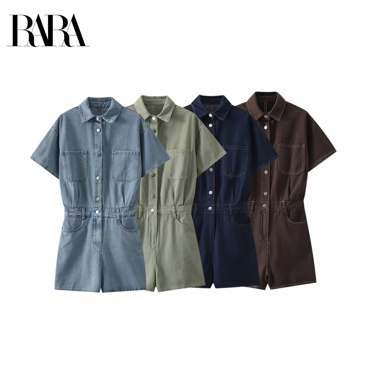 

RARA Women's Summer New Pocket Decorated Casual Fashion Lapel Short Sleeve Denim Shirt Style Jumpsuit Shorts