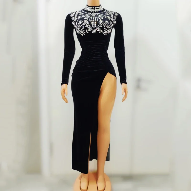 多くの色のラインストーンベルベットスリットドレスイブニングドレス女性のパーティー祝うダンスドレスステージフェスティバル衣装 XS6443