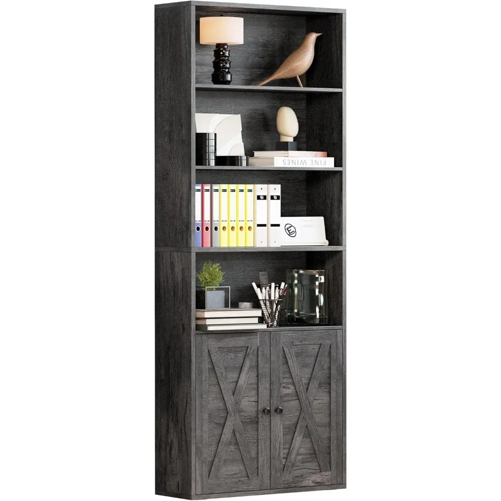 Industrial Bookshelves & Bookcases with Doors Floor Standing 6 Shelf Display Storage Shelves 70 in Tall Bookcase for Home Office