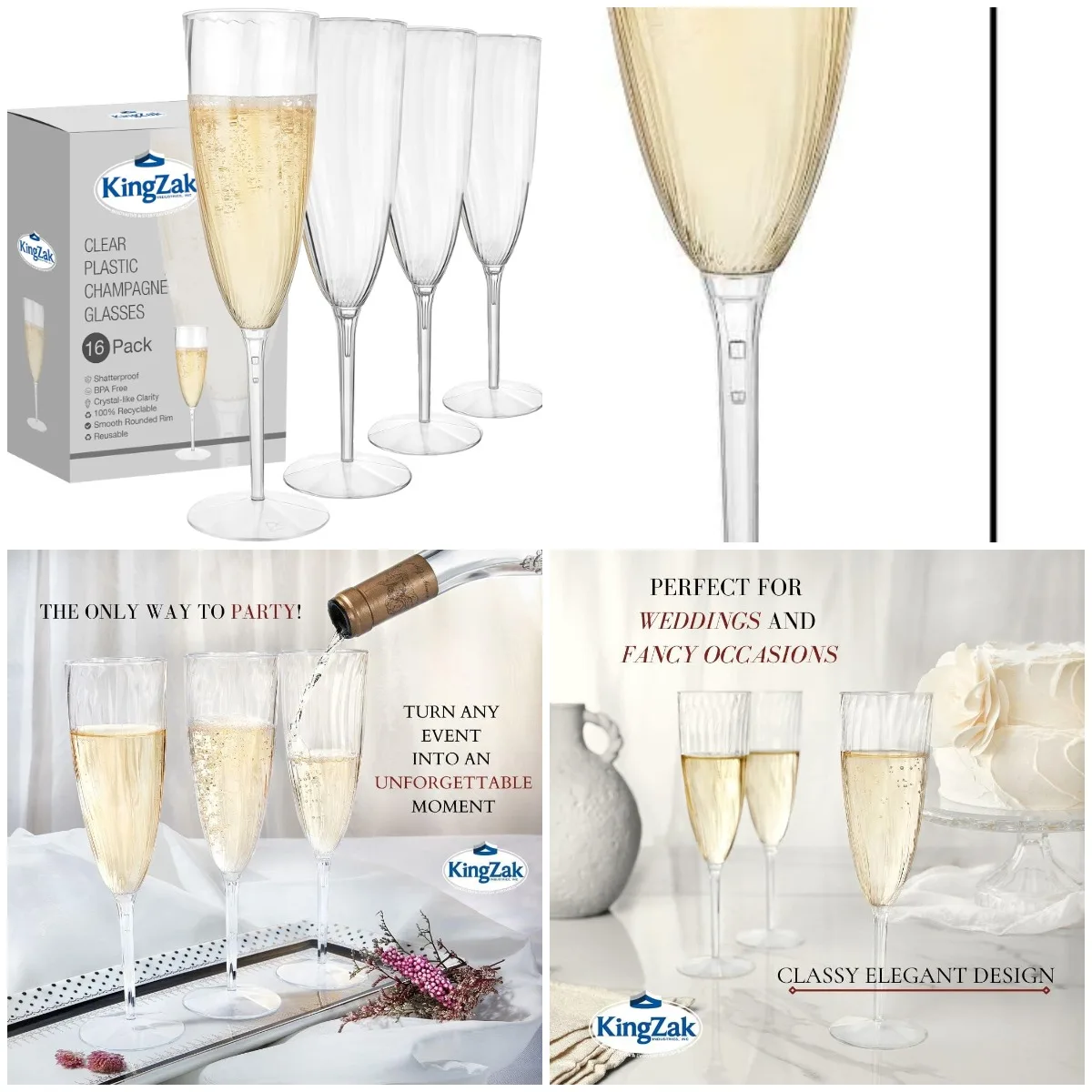 

Premium Champagne Flutes 6 oz. Clear Hard Plastic 1-Piece Disposable Glasses - 16 Count
