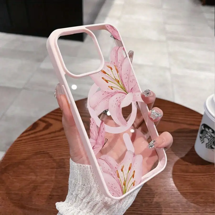 Pink Lily Magnetic Phone Case for iPhone 17 16 15 14 13 12 11Pro Max Plus. It features a stylish pattern design