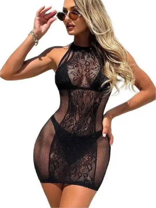 Abito nero sexy senza schienale con collo appeso senza maniche, abito avvolgente sui fianchi, mini abito stampato con fiori trasparenti stile Vaction casual YI4I