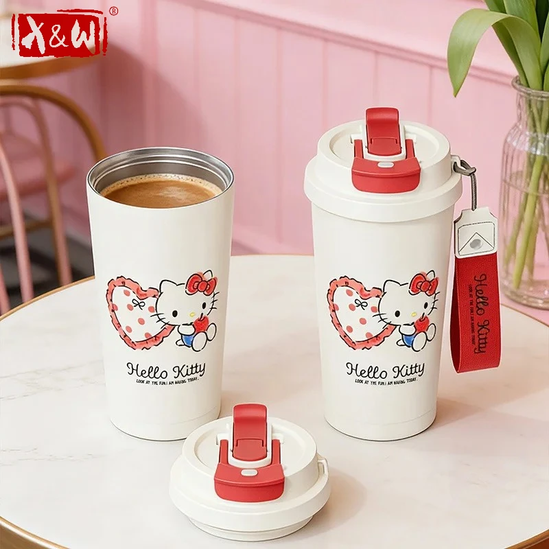 X&W Hello Kitty Red Apple Series Insulated Cup 316 Stainless Steel Cute Straw Cup Leak-proof Thermal Mug Vaccum Flask Girl Gift