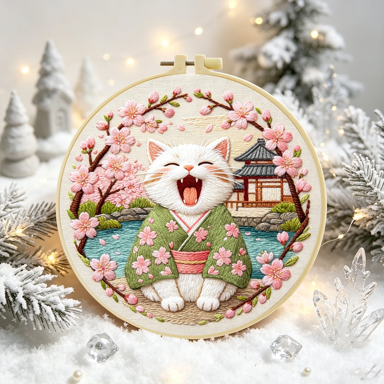1Set Kimono Cat Cherry Blossom Pagoda Diy Embroidery Kit For Beginner Embroide Starter Kit Cross Stitch Art Gift Needlework Craf