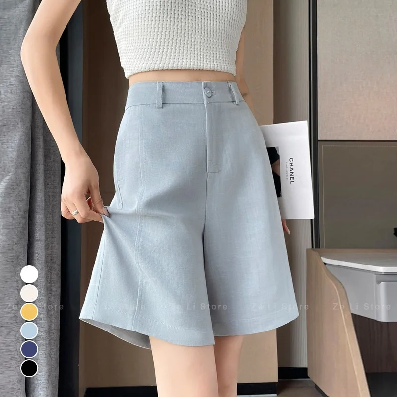 Summer 2026 Women's High Waist A-Line Wide Leg Five-Point Pants Thin Cotton Linen Blend Casual Trousers Korean Style