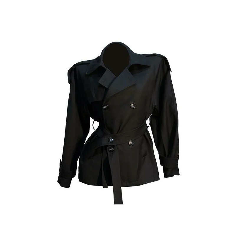 معطف نسائي قصير على الطراز البريطاني أسود مزدوج الصدر مبطن سترة شتوية قصيرة بحزام الخصر ملابس خارجية مميزة #6