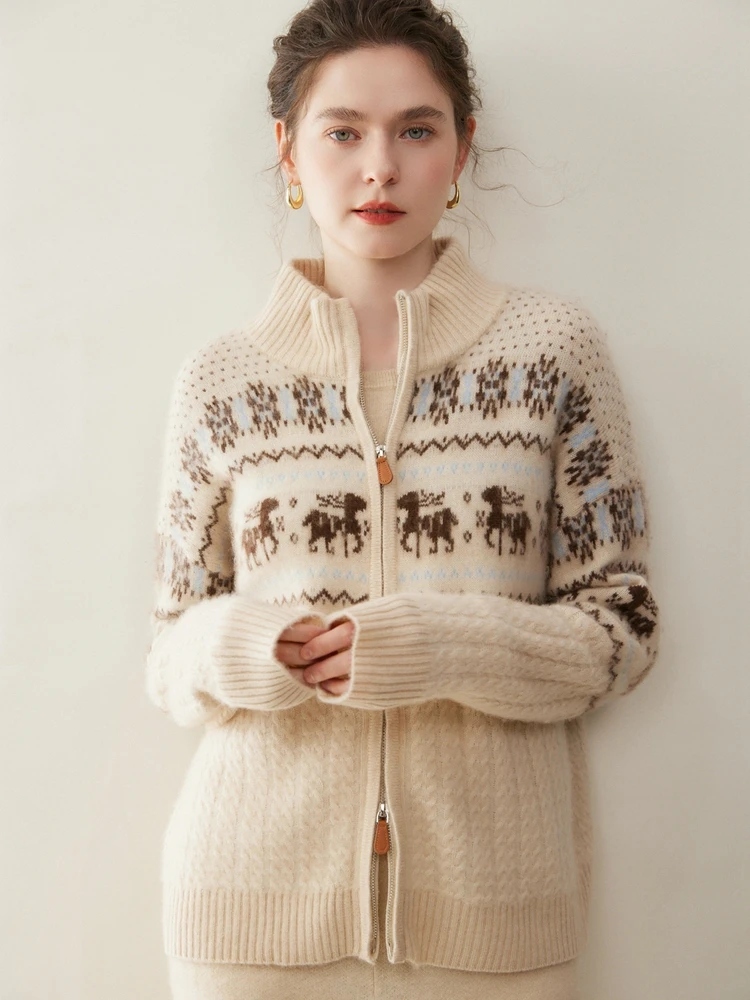 Suéter de punto de Cachemira 100% grueso de Jacquard para mujer, cárdigan con cuello simulado, ropa cómoda y cálida para otoño e invierno, Tops