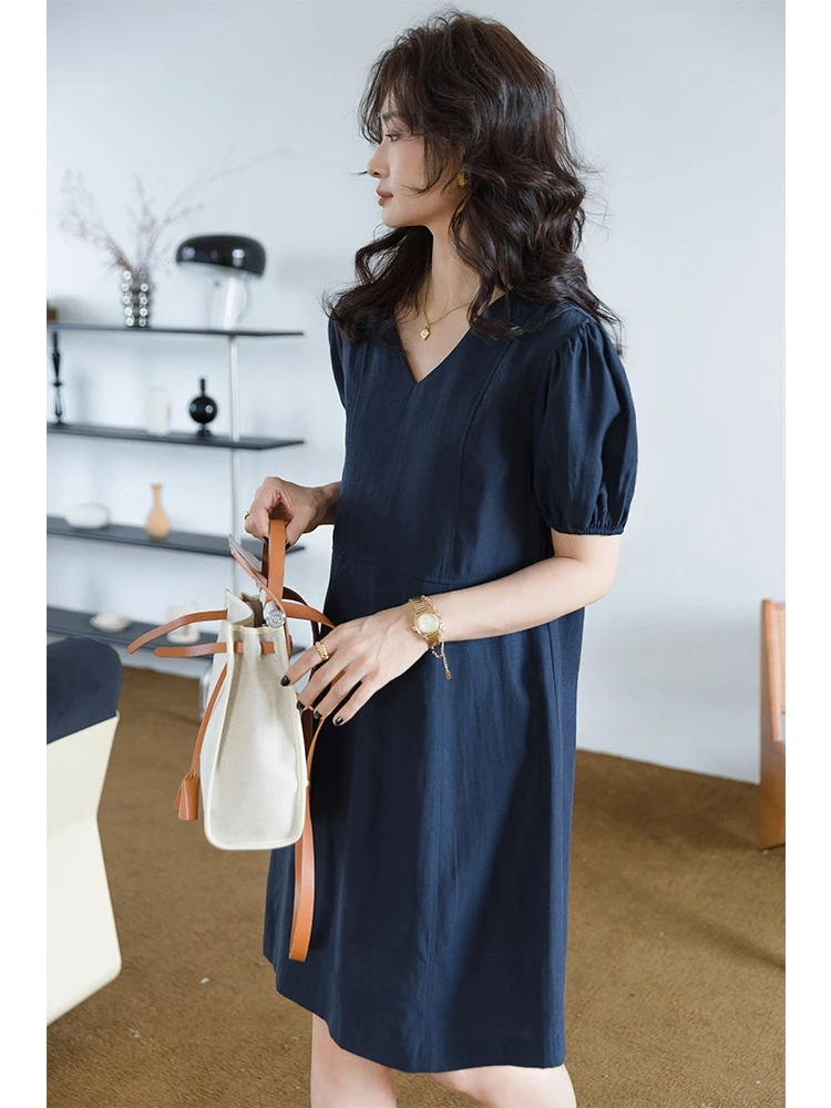 

Blue V-ne A-line Dr Thin Bubble Sve Women's Dr Summer Korean Sle Loose Waist ort Sve Pure Color