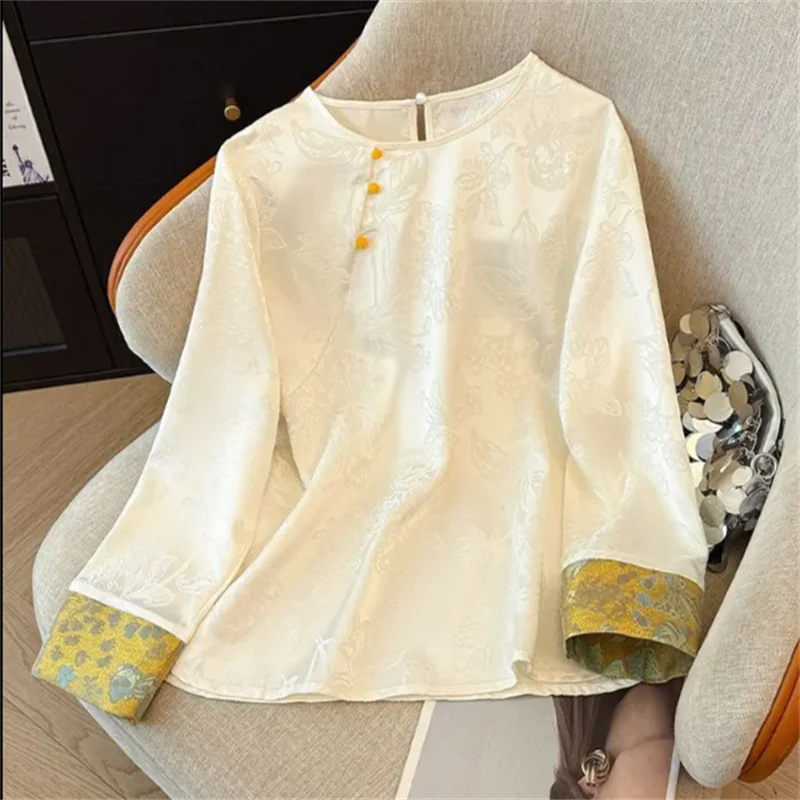 Blusa china para mujer, Top de Jacquard con cuello redondo, camisa Retro para mujer, jersey holgado de té inspirado en Zen, blusa empalmada