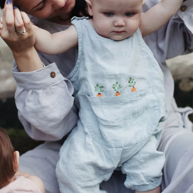 ทารกและเด็กวัยหัดเดินผ้าฝ้ายและผ้าลินินปัก Onesie ฤดูร้อนเด็กทารกและผู้หญิงเสื้อผ้าคลานเบาและระบายอากาศได้