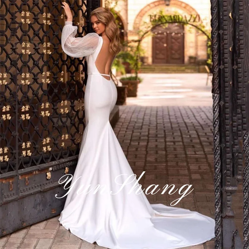 Yunshang-Vestidos De Novia elegantes para mujer, traje De sirena con espalda abierta, manga larga, cuello De barco, tul, tren De barrido