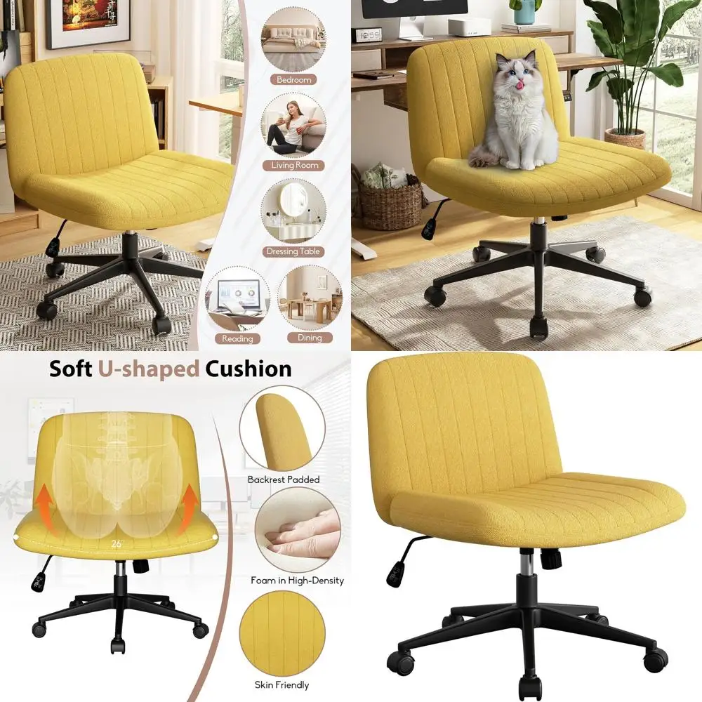 

Регулируемое офисное кресло с поворотным механизмом, широкими подлокотниками, удобной спинкой, желтого цвета