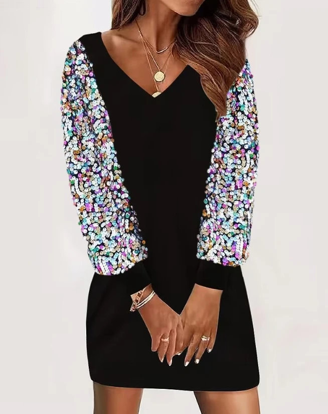 

Woman V-Neck Contrast Sequin Casual Dress Female Clothing Temperament Commuting Women's Fashion Long Sleeve Elegant Mini Dresses