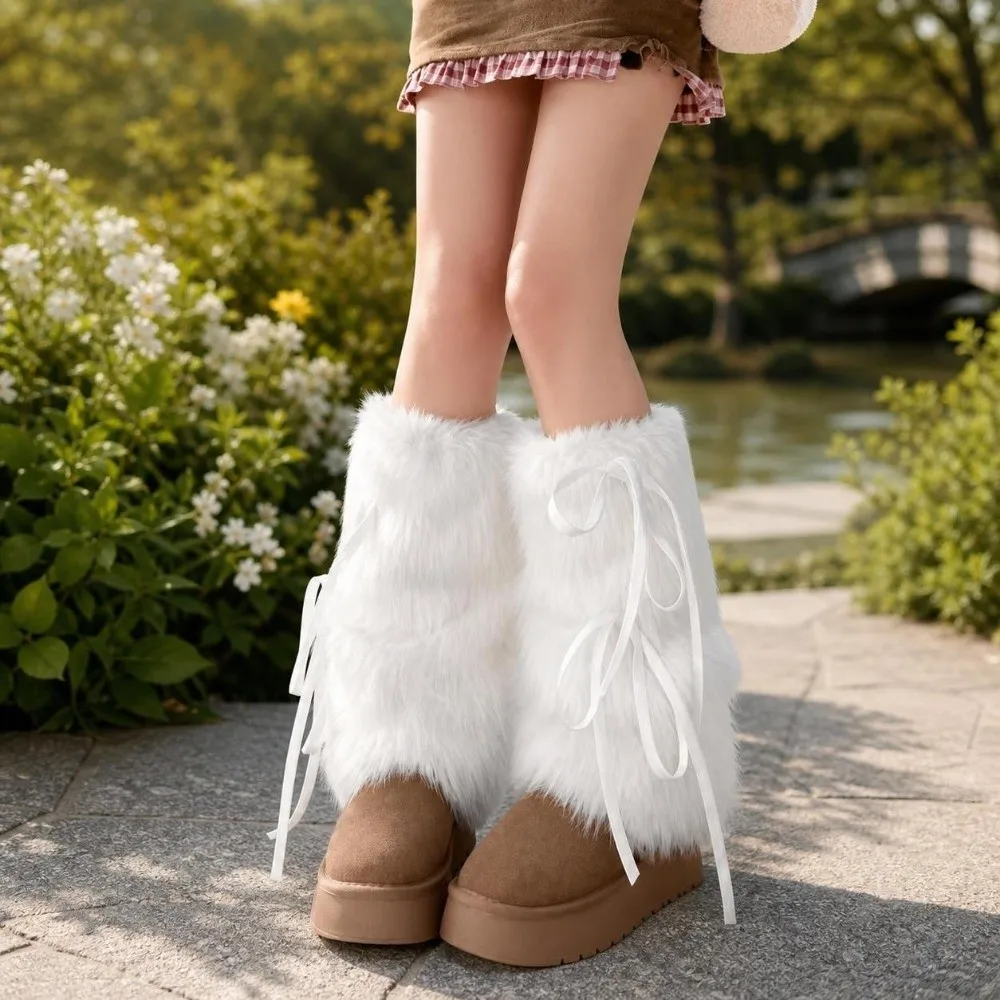 Fashion Faux Fur Furry Leg Warmers 35cm Y2K Long Tube Sock Thickened Bowknot Design Lolita Boots Cover Women