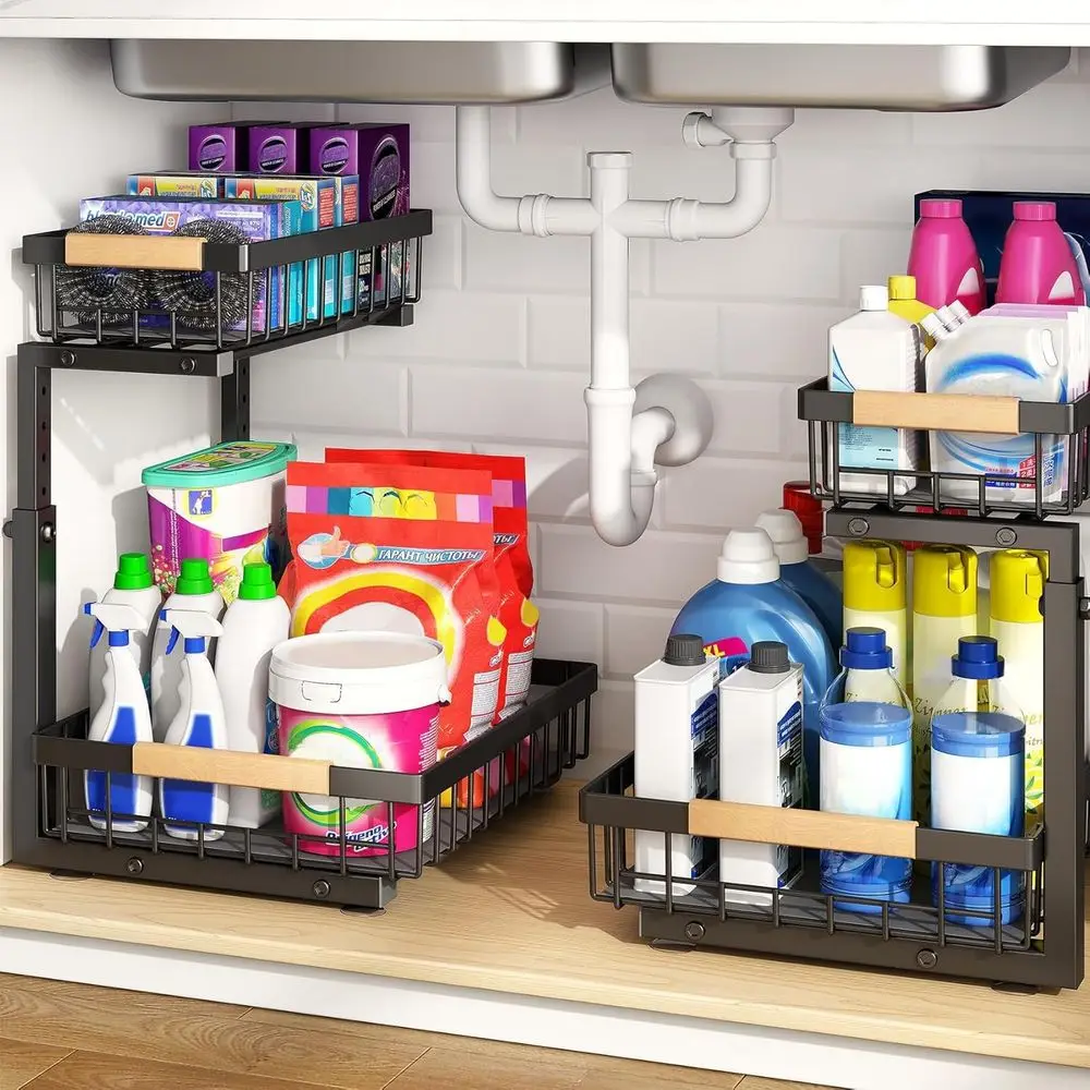 

2-Tier Adjustable Height Pull-Out Under Sink Organizer, Thickened Metal Storage for Kitchen, Bathroom, and Laundry, Black, Large