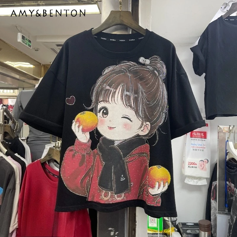 

Heavy Rhinestone Cartoon Girl Cotton Short Sleeved T-shirt Ladies Loose Casual Style Top Autumn Winter New Y2k Top Tees Pullover