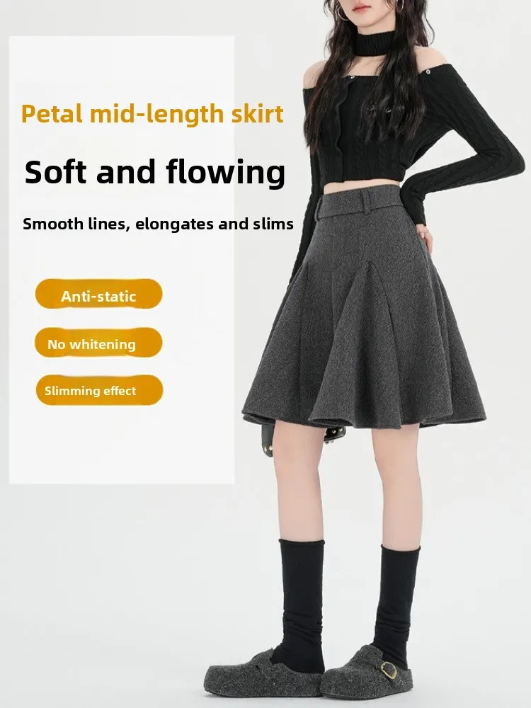 Bloemen Wollen A-lijn Rok Dames Herfst Winter Verdikte Kanten Zoom Hoge Taille Die Heup Afslanken Paraplu Rok